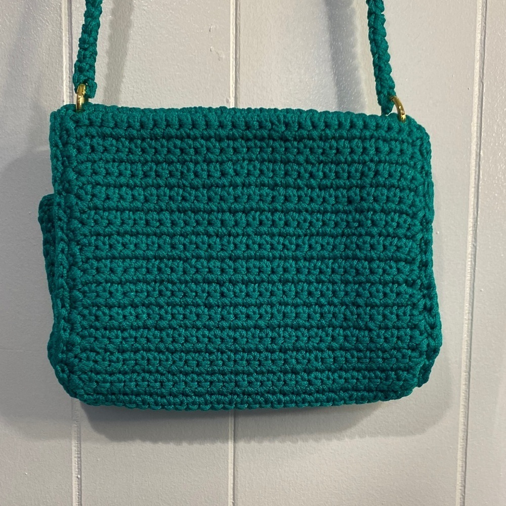 Handmade Teal Crochet Crossbody Purse Boho Festival Artisan Gold Tone OS - Picture 4 of 8
